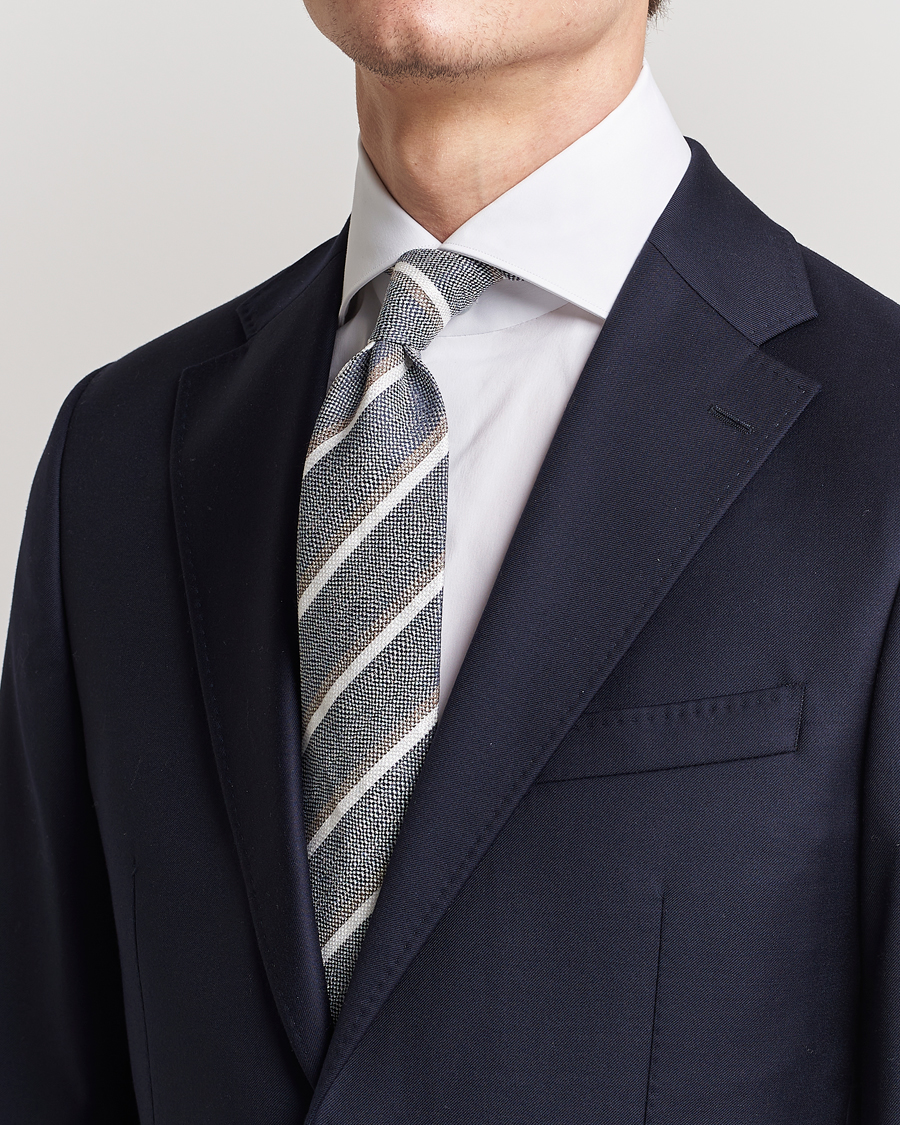 Hombres | Amanda Christensen Silk/Linen Striped 8cm Tie Navy | Amanda Christensen | Silk/Linen Striped 8cm Tie Navy