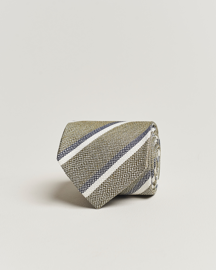 Hombres | Amanda Christensen Silk/Linen Striped 8cm Tie Olive | Amanda Christensen | Silk/Linen Striped 8cm Tie Olive