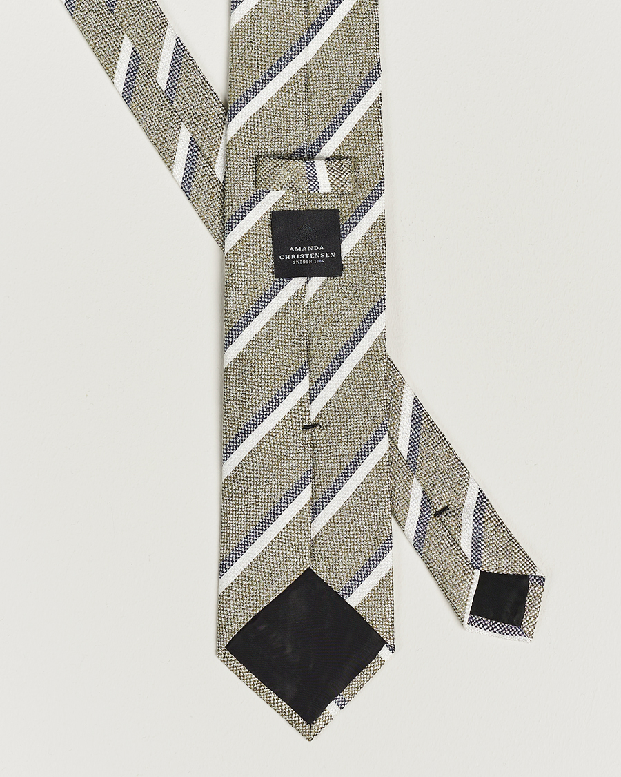 Hombres | Amanda Christensen Silk/Linen Striped 8cm Tie Olive | Amanda Christensen | Silk/Linen Striped 8cm Tie Olive