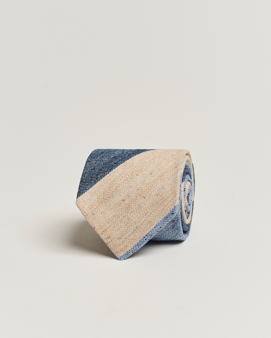 Hombres | Amanda Christensen Silk/Linen/Cotton Block Striped 8cm Tie Navy/Blue/Beige | Amanda Christensen | Silk/Linen/Cotton Block Striped 8cm Tie Navy/Blue/Beige