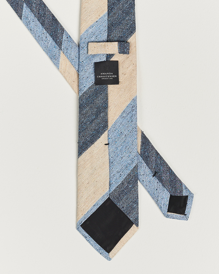 Hombres | Amanda Christensen Silk/Linen/Cotton Block Striped 8cm Tie Navy/Blue/Beige | Amanda Christensen | Silk/Linen/Cotton Block Striped 8cm Tie Navy/Blue/Beige