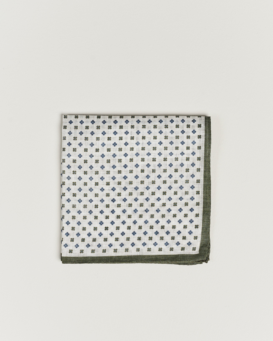 Hombres | Amanda Christensen Linen Paspoal Printed Flower Pocket Square White/Green | Amanda Christensen | Linen Paspoal Printed Flower Pocket Square White/Green