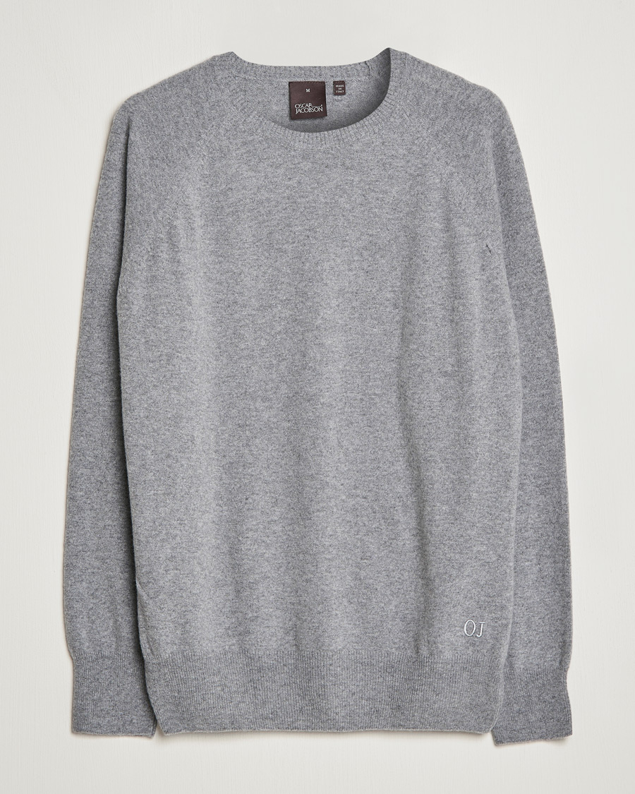 Hombres | Jerséis y prendas de punto | Oscar Jacobson | Gustaf Lambswool Raglan Crew Neck Light Grey