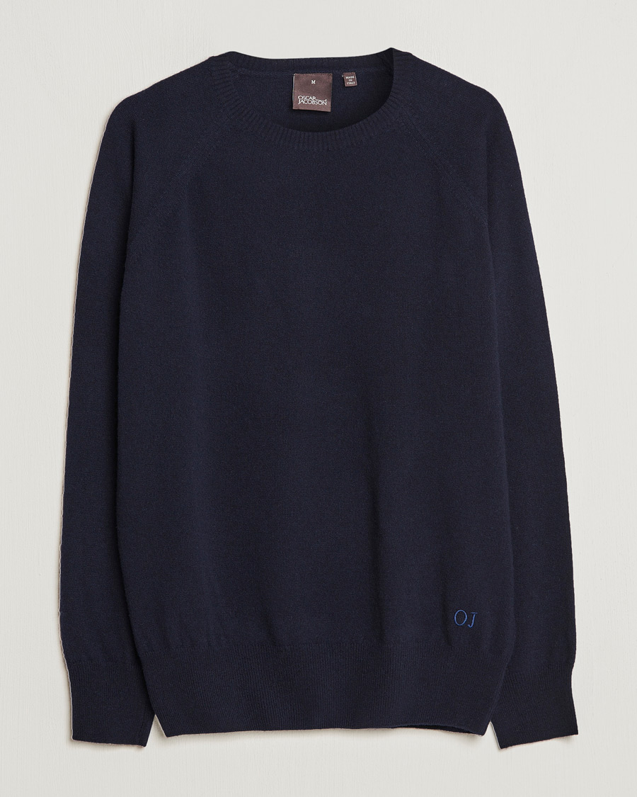 Hombres | Jerséis y prendas de punto | Oscar Jacobson | Gustaf Lambswool Raglan Crew Neck Navy