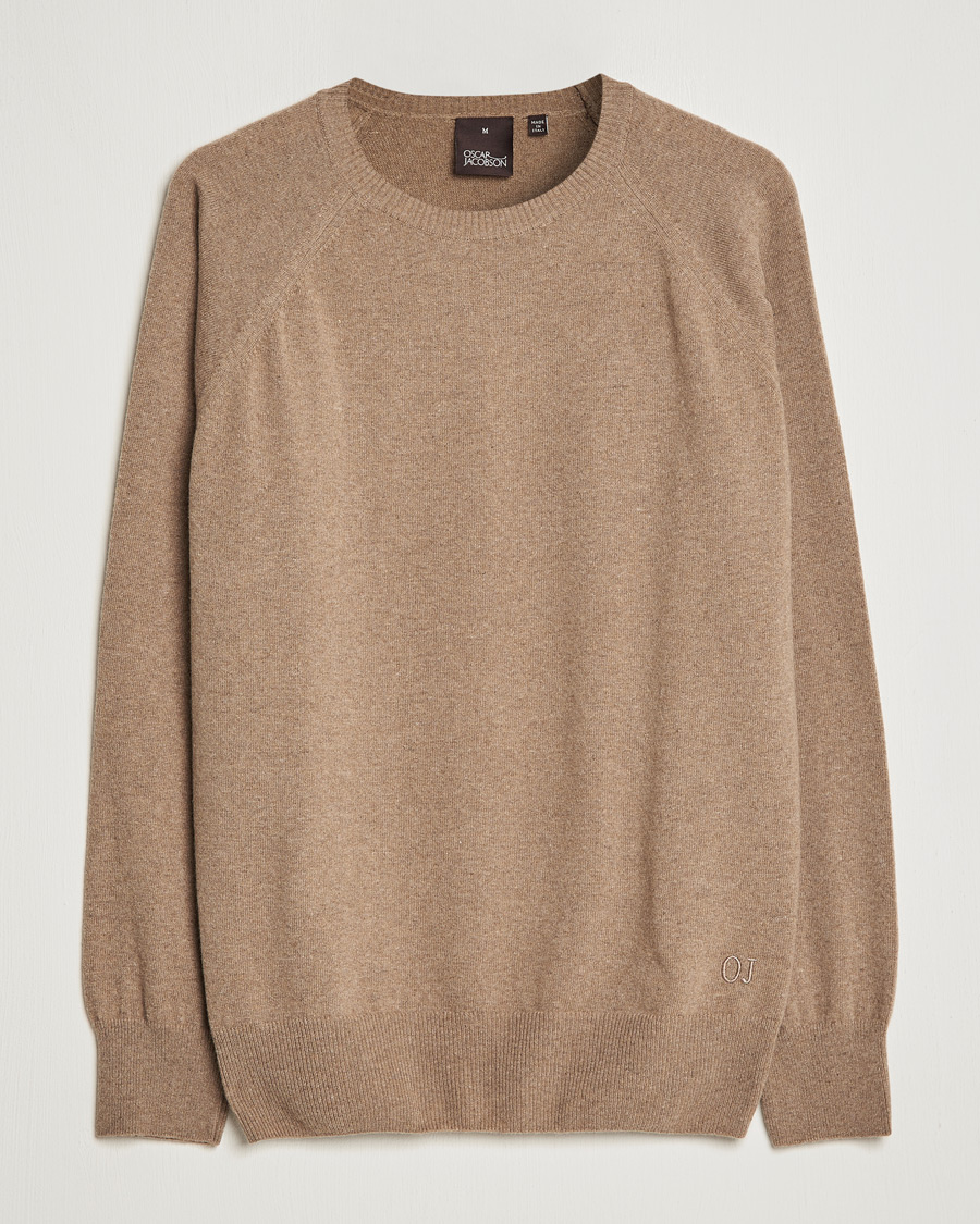 Hombres | Jerséis y prendas de punto | Oscar Jacobson | Gustaf Lambswool Raglan Crew Neck Camel