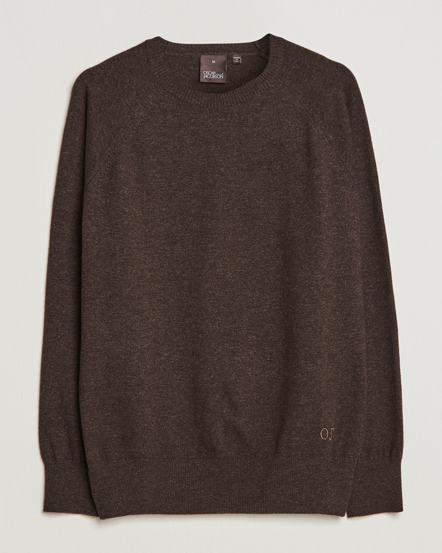 Hombres | Jerséis y prendas de punto | Oscar Jacobson | Gustaf Lambswool Raglan Crew Neck Dark Brown