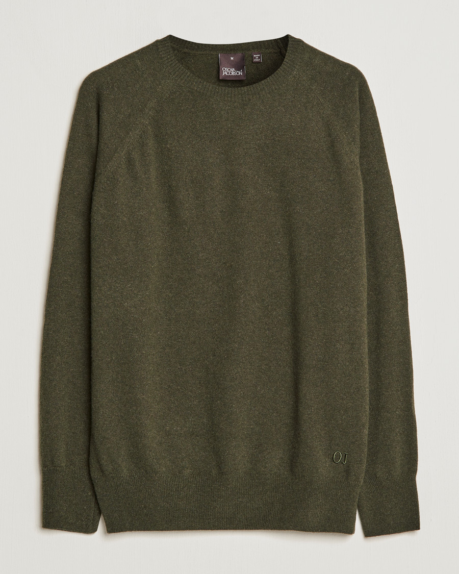 Hombres | Jerséis y prendas de punto | Oscar Jacobson | Gustaf Lambswool Raglan Crew Neck Moss Green
