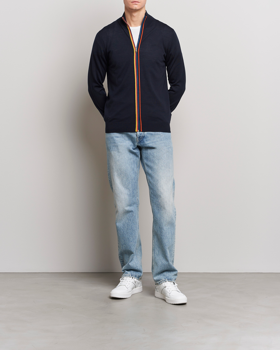 Hombres | Jerséis y prendas de punto | Paul Smith | Full Zip Stripe Wool Cardigan Navy
