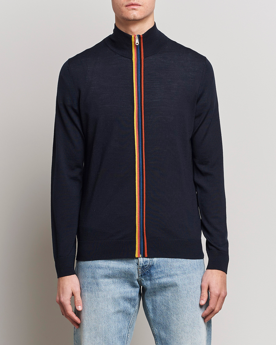 Hombres | Jerséis y prendas de punto | Paul Smith | Full Zip Stripe Wool Cardigan Navy