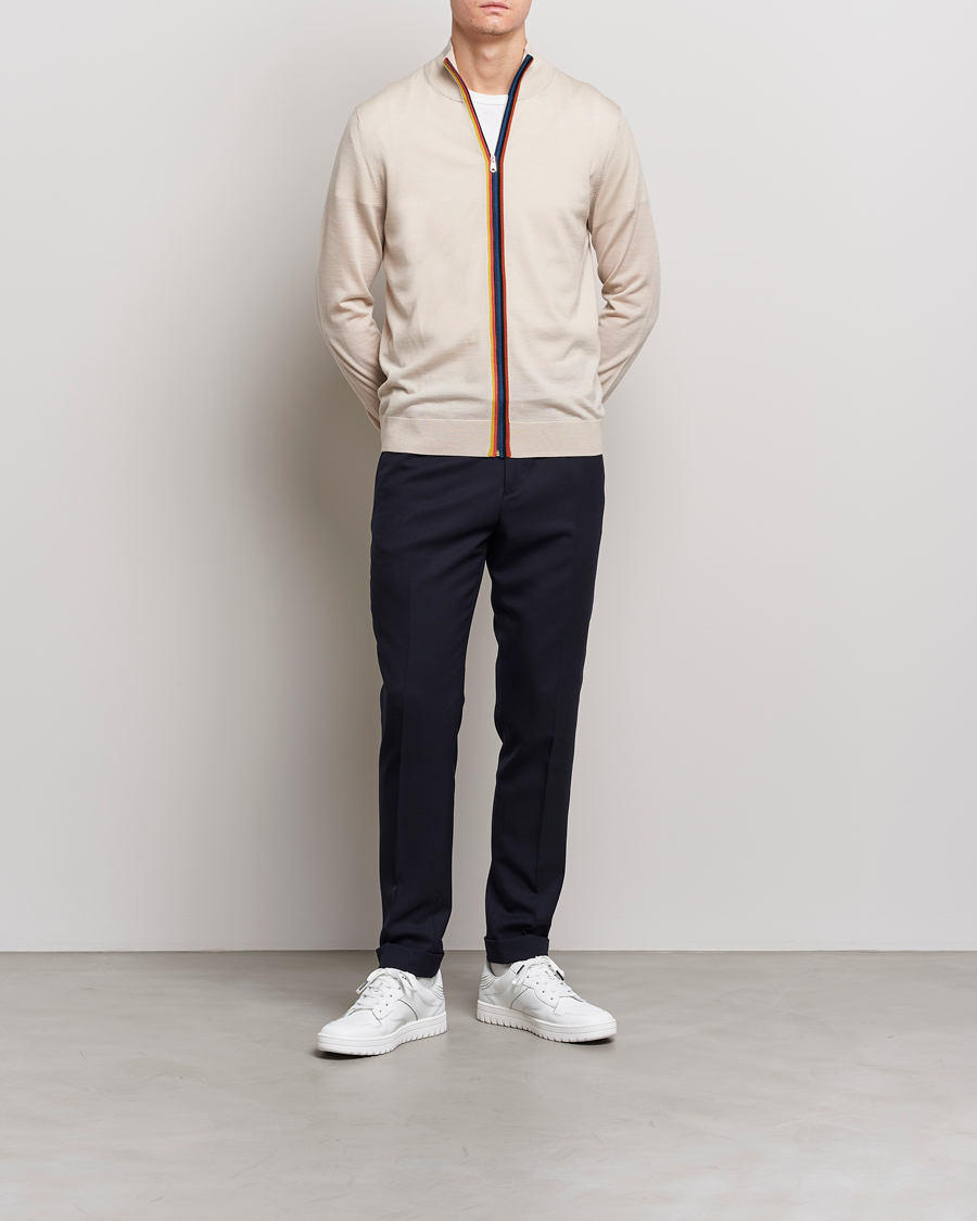 Hombres | Jerséis y prendas de punto | Paul Smith | Full Zip Stripe Wool Cardigan Sand