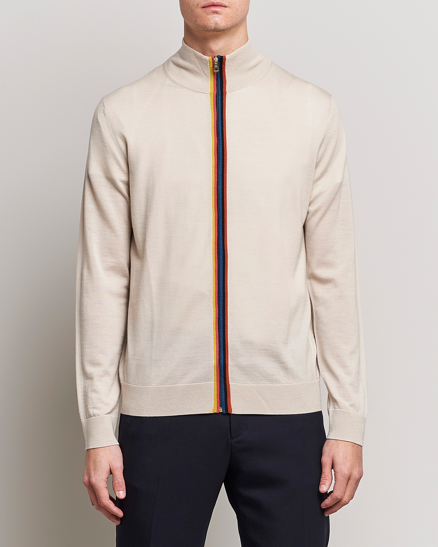 Hombres | Jerséis y prendas de punto | Paul Smith | Full Zip Stripe Wool Cardigan Sand