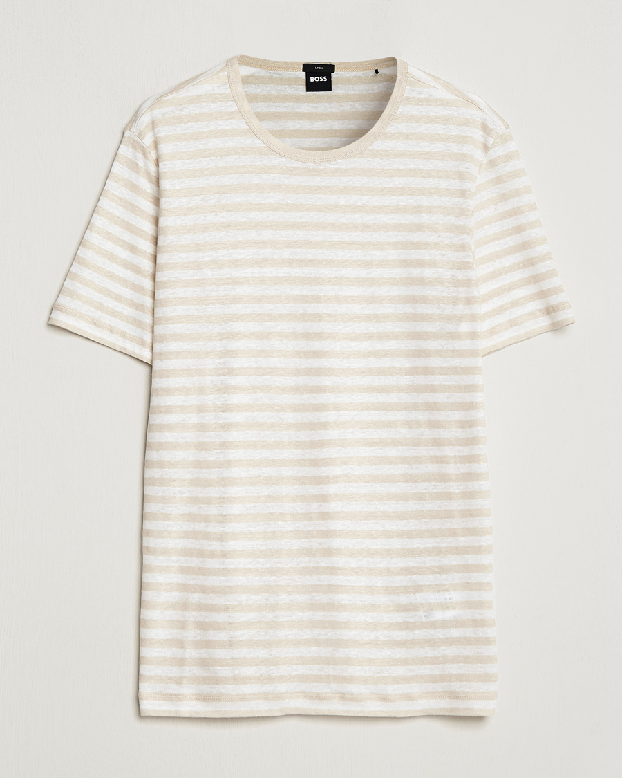 Hombres | Camisetas | BOSS BLACK | Tiburt Striped Linen Crew Neck T-Shirt Open White