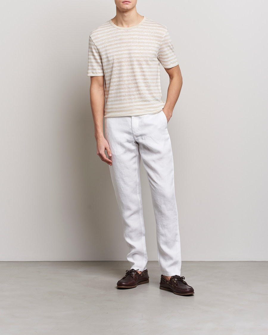 Hombres | Camisetas | BOSS BLACK | Tiburt Striped Linen Crew Neck T-Shirt Open White