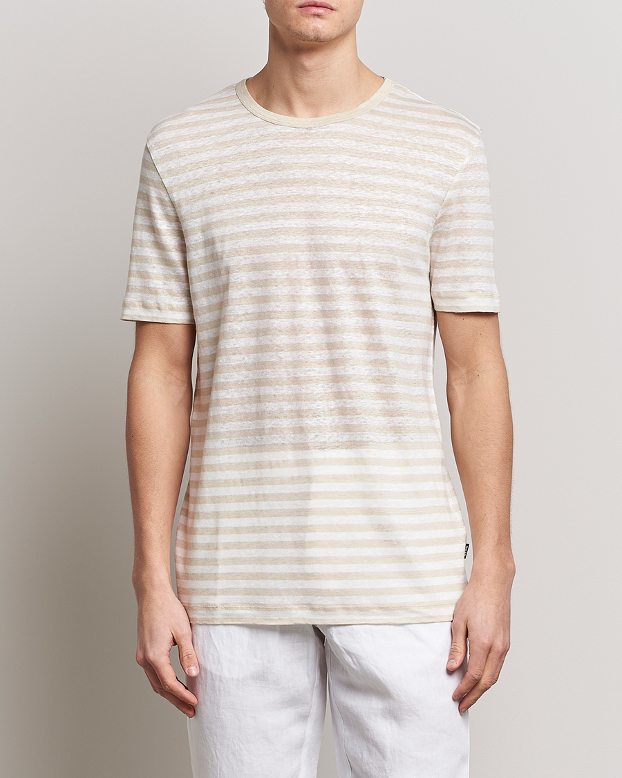 Hombres | Camisetas | BOSS BLACK | Tiburt Striped Linen Crew Neck T-Shirt Open White