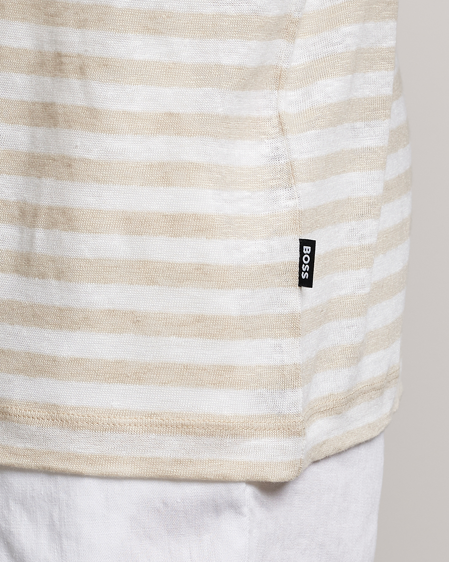Hombres | Camisetas | BOSS BLACK | Tiburt Striped Linen Crew Neck T-Shirt Open White