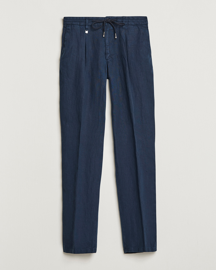 Hombres | Pantalones | BOSS BLACK | Genius Pleated Linen Drawstring Trousers Dark Blue
