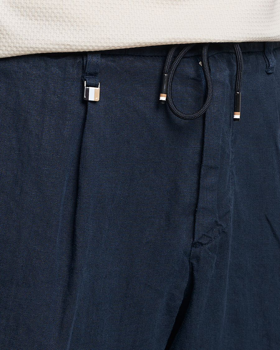 Hombres | Pantalones | BOSS BLACK | Genius Pleated Linen Drawstring Trousers Dark Blue