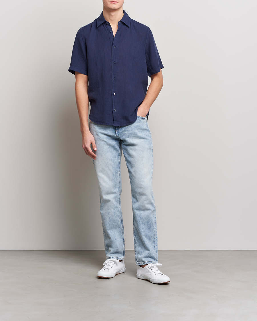 Hombres | Camisas | BOSS ORANGE | Rash Linen Short Sleeve Shirt Navy