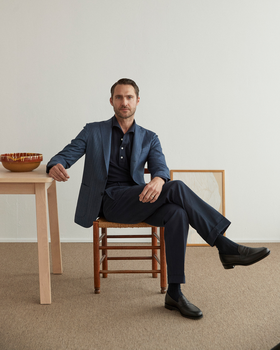 Hombres | Pantalones | Incotex | Regular Fit Herringbone Chinos Navy