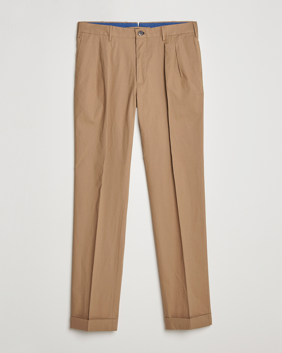 Hombres | Pantalones | Incotex | Carrot Fit Popelino Lightweight Cotton Trousers Khaki