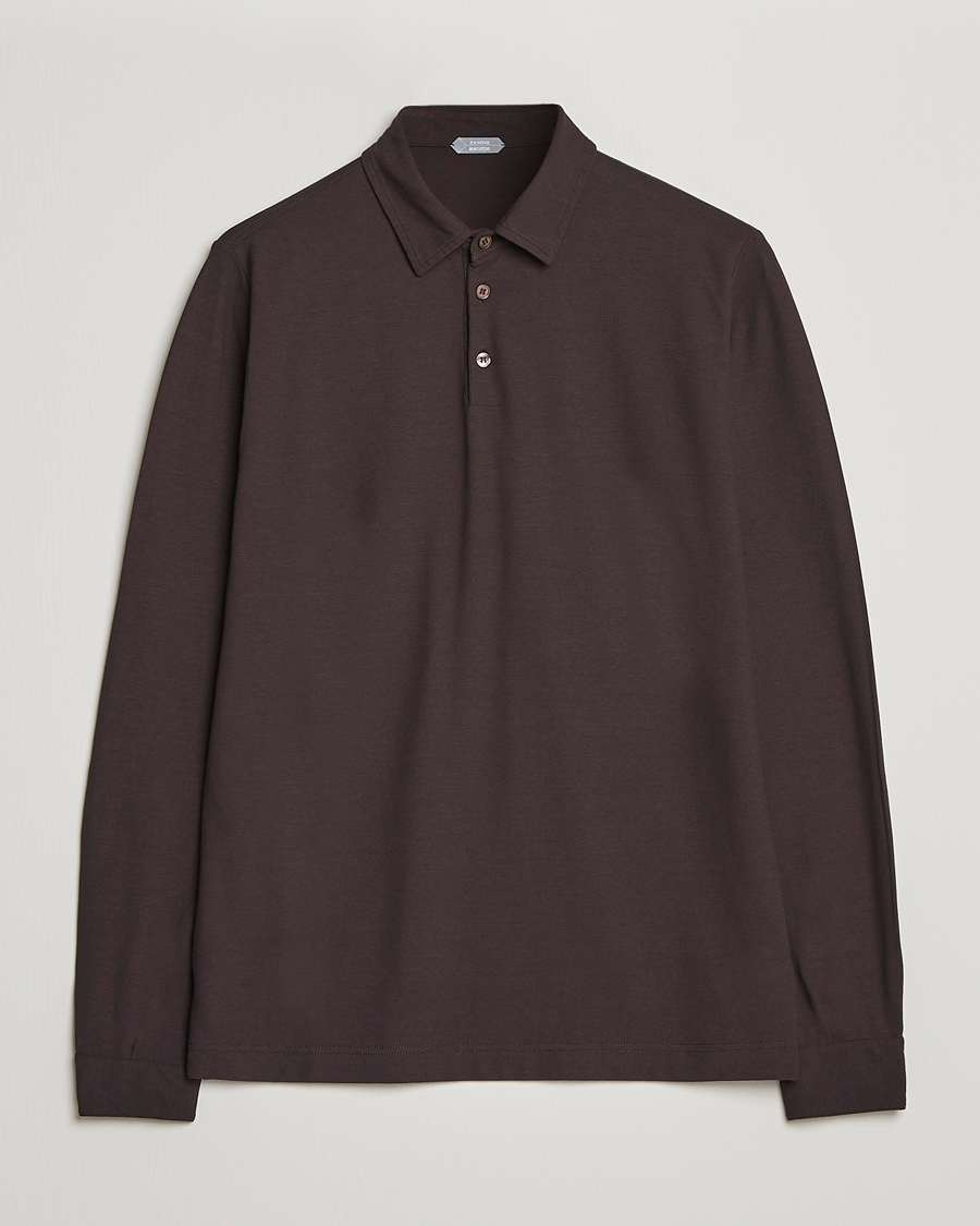 Hombres | Jerséis y prendas de punto | Zanone | Ice Cotton Long Sleeve Polo Dark Brown