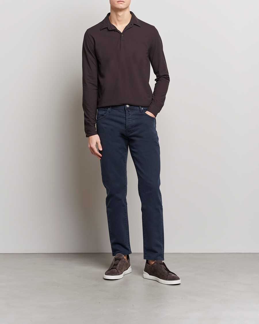 Hombres | Jerséis y prendas de punto | Zanone | Ice Cotton Long Sleeve Polo Dark Brown