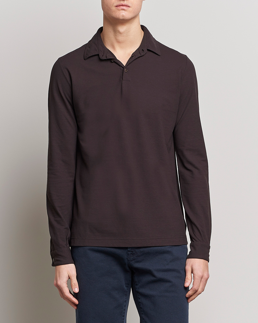 Hombres | Jerséis y prendas de punto | Zanone | Ice Cotton Long Sleeve Polo Dark Brown