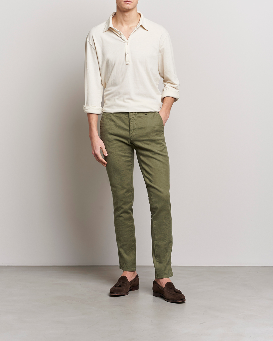 Hombres | Pantalones | Incotex | Slim Fit Cotton/Linen Slacks Olive