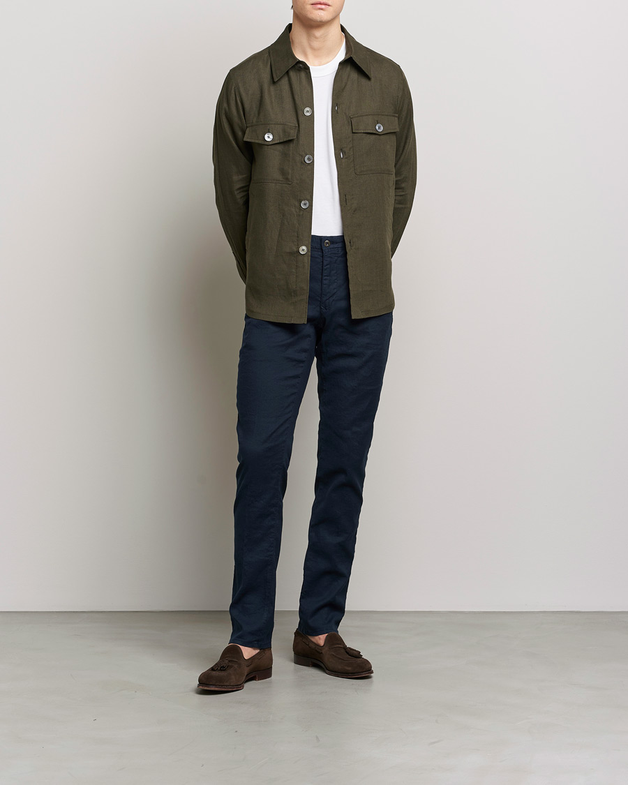 Hombres | Pantalones | Incotex | Slim Fit Cotton/Linen Slacks Navy