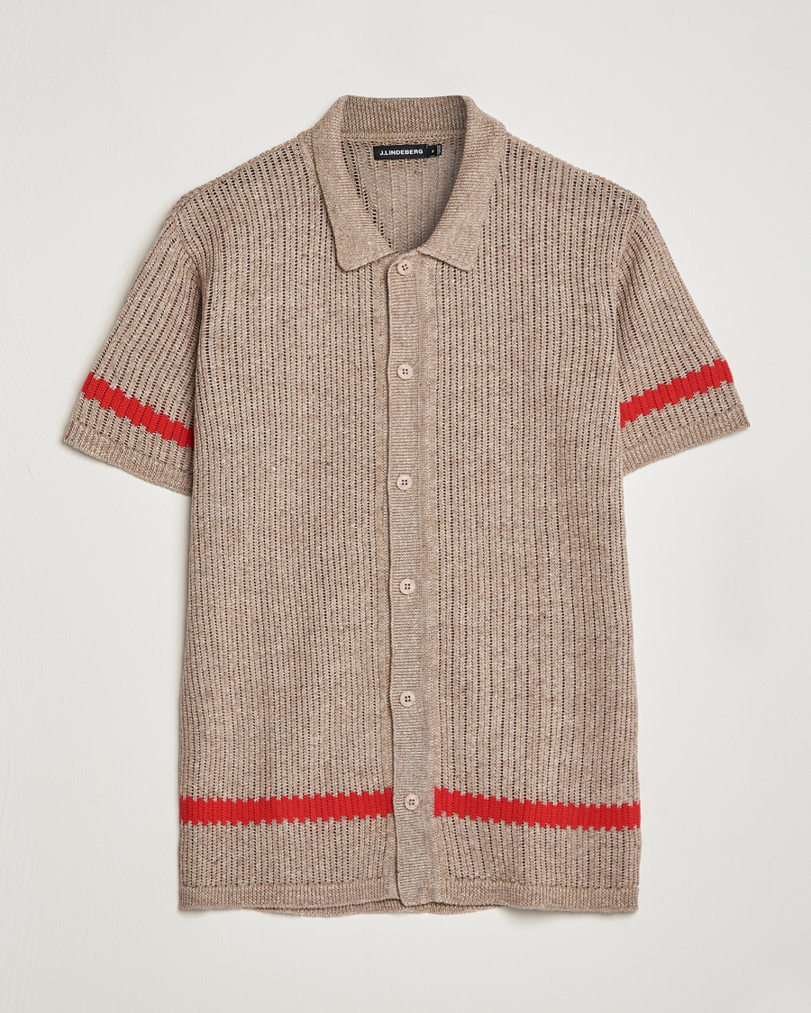 Hombres | Camisas | J.Lindeberg | Sky Knitted Linen/Merino Short Sleeve Shirt Beige