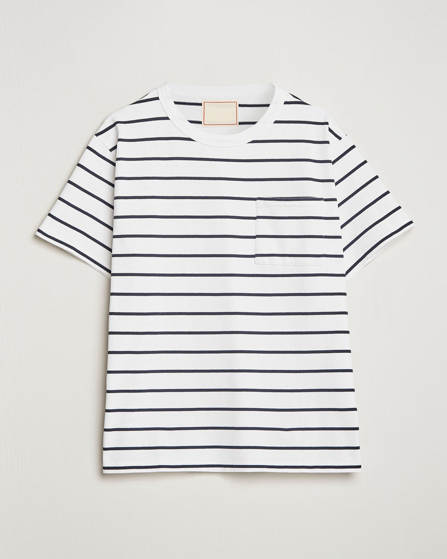 Hombres | Camisetas | Jeanerica | Hervé Striped Heacy Crew Neck T-Shirt White/Navy