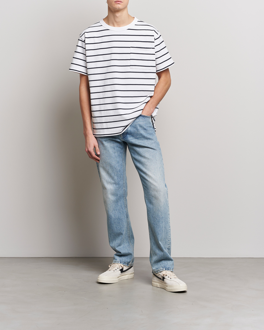 Hombres | Camisetas | Jeanerica | Hervé Striped Heacy Crew Neck T-Shirt White/Navy