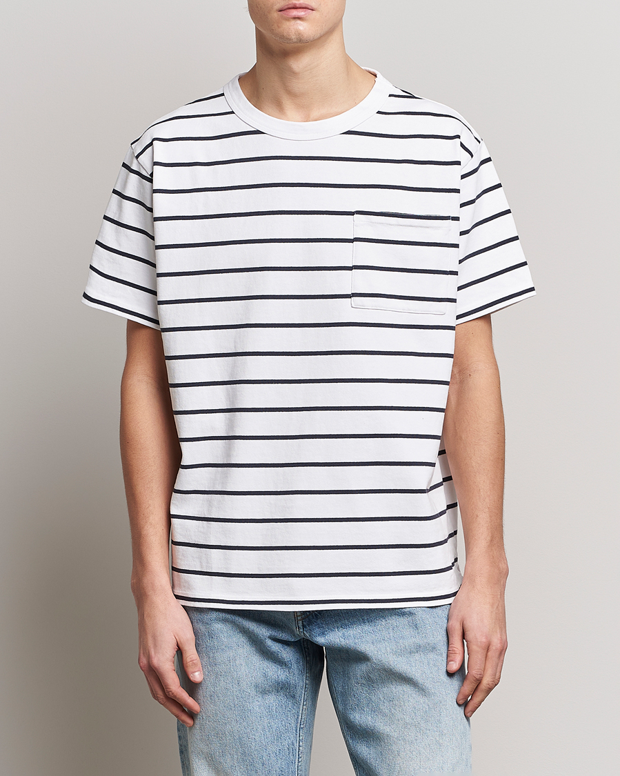Hombres | Camisetas | Jeanerica | Hervé Striped Heacy Crew Neck T-Shirt White/Navy