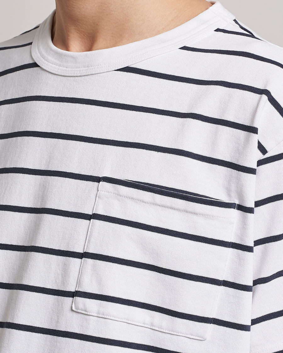 Hombres | Camisetas | Jeanerica | Hervé Striped Heacy Crew Neck T-Shirt White/Navy