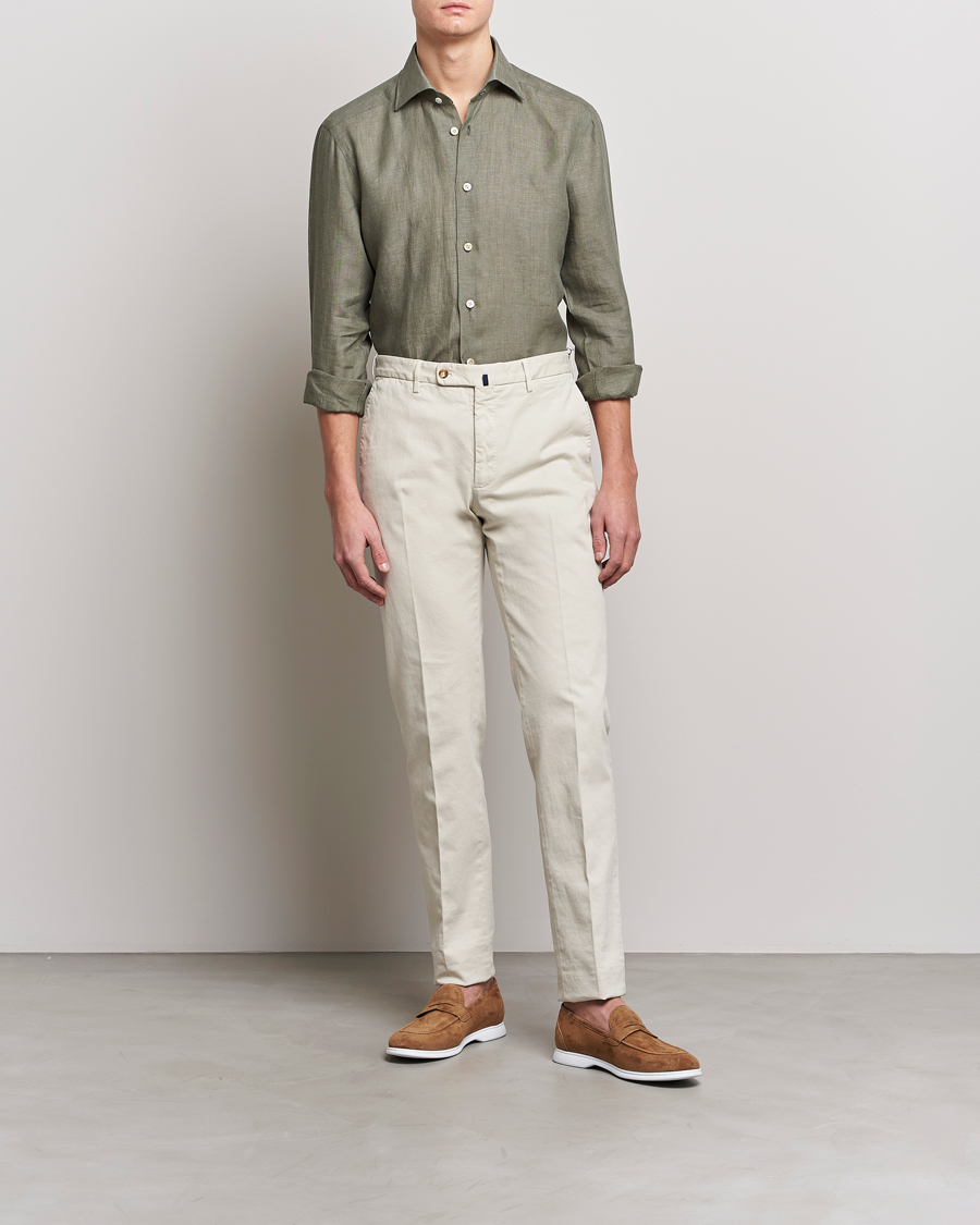 Hombres | Camisas | Kiton | Linen Sport Shirt Olive