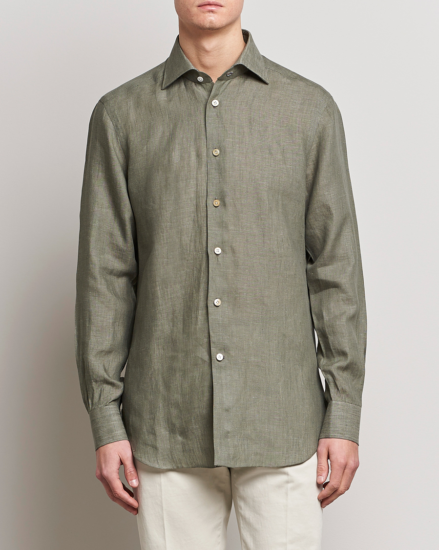 Hombres | Camisas | Kiton | Linen Sport Shirt Olive