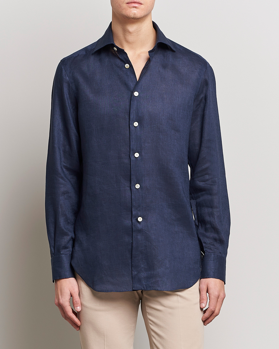 Hombres | Camisas | Kiton | Linen Sport Shirt Navy