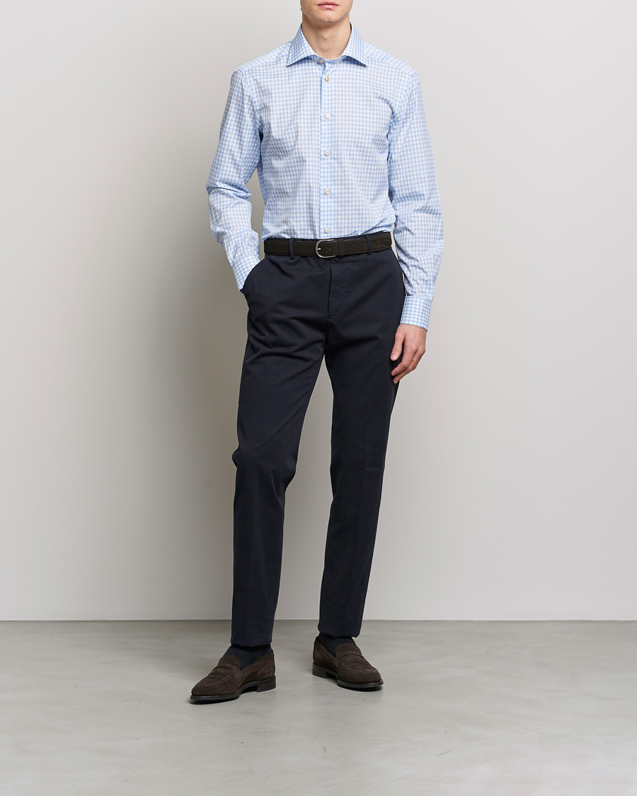 Hombres | Camisas | Kiton | Slim Fit Checked Dress Shirt Light Blue
