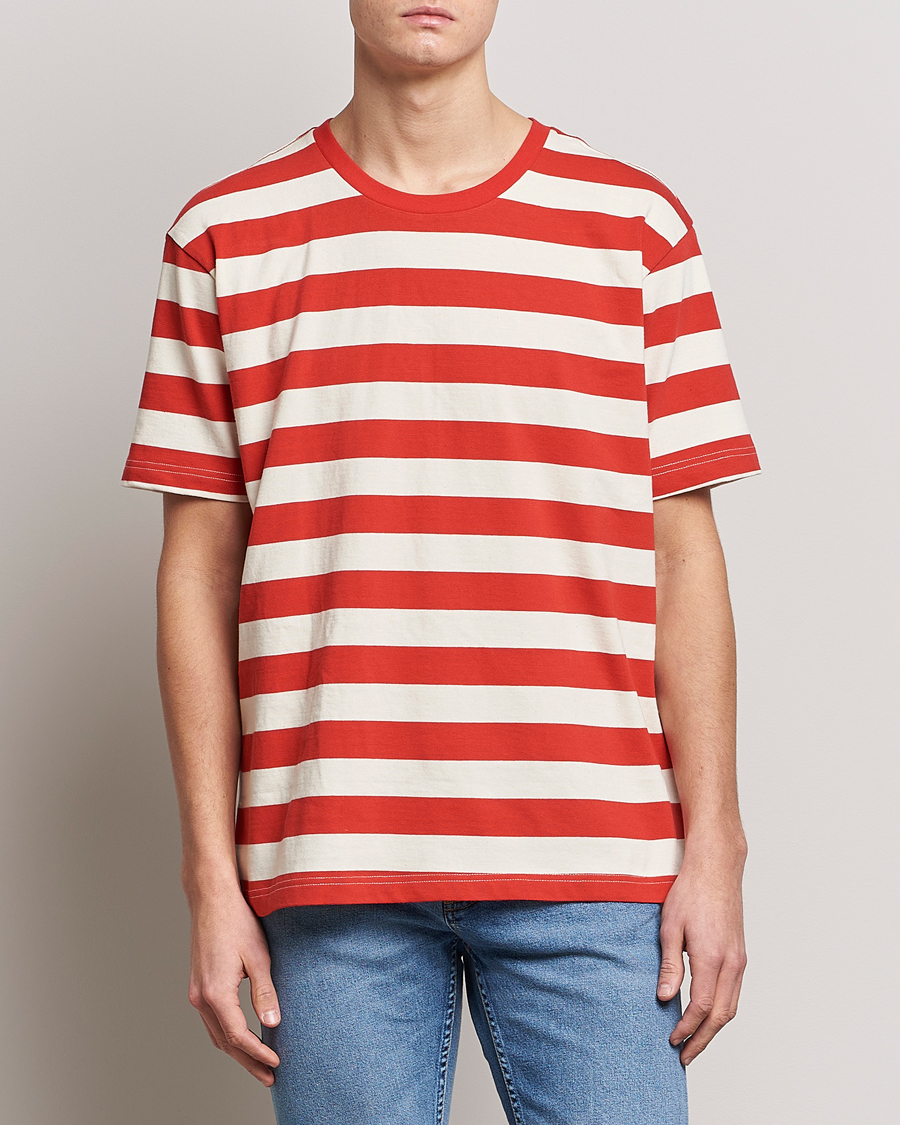 Hombres | Camisetas | Nudie Jeans | Uno Blockstripe Crew Neck T-Shirt Off White/Red