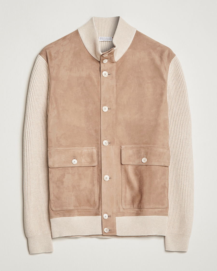 Hombres | Abrigos y chaquetas | Brunello Cucinelli | Suede Knit Bomber Jacket Beige Suede