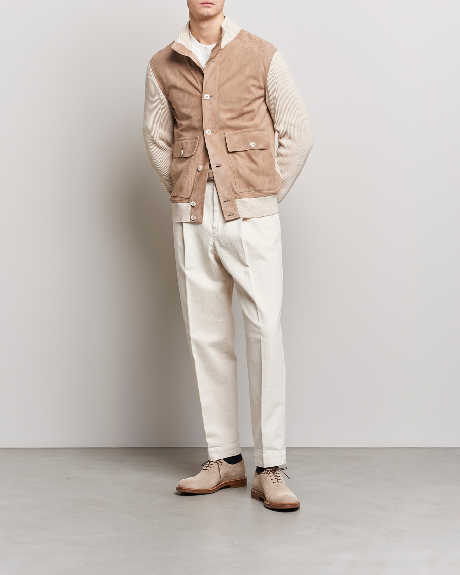 Hombres | Abrigos y chaquetas | Brunello Cucinelli | Suede Knit Bomber Jacket Beige Suede