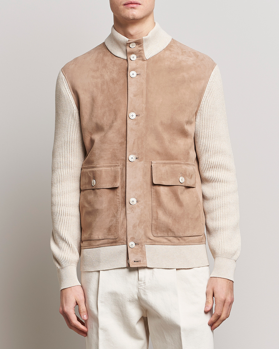 Hombres | Abrigos y chaquetas | Brunello Cucinelli | Suede Knit Bomber Jacket Beige Suede