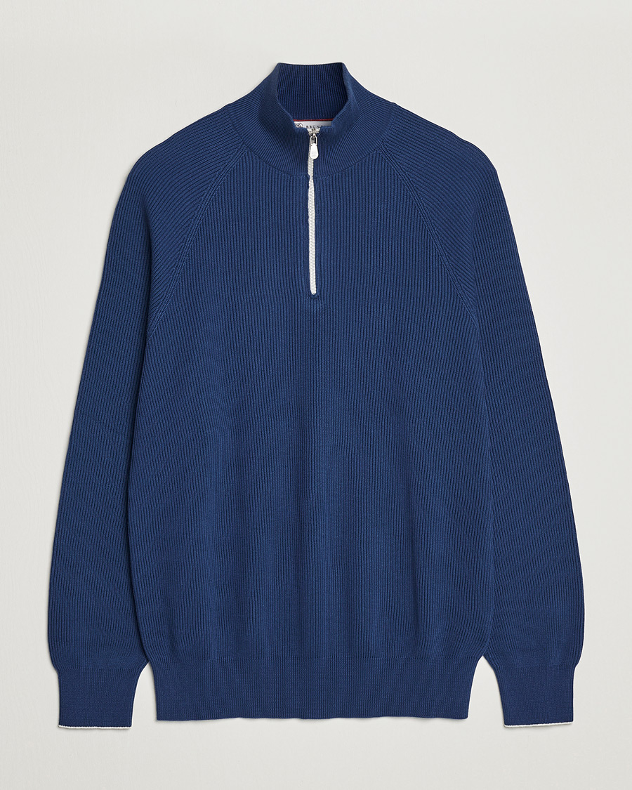 Hombres | Jerséis y prendas de punto | Brunello Cucinelli | Rib Stitch Half Zip Ocean Blue