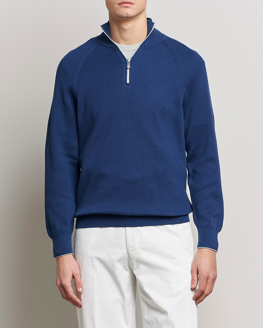 Hombres | Jerséis y prendas de punto | Brunello Cucinelli | Rib Stitch Half Zip Ocean Blue