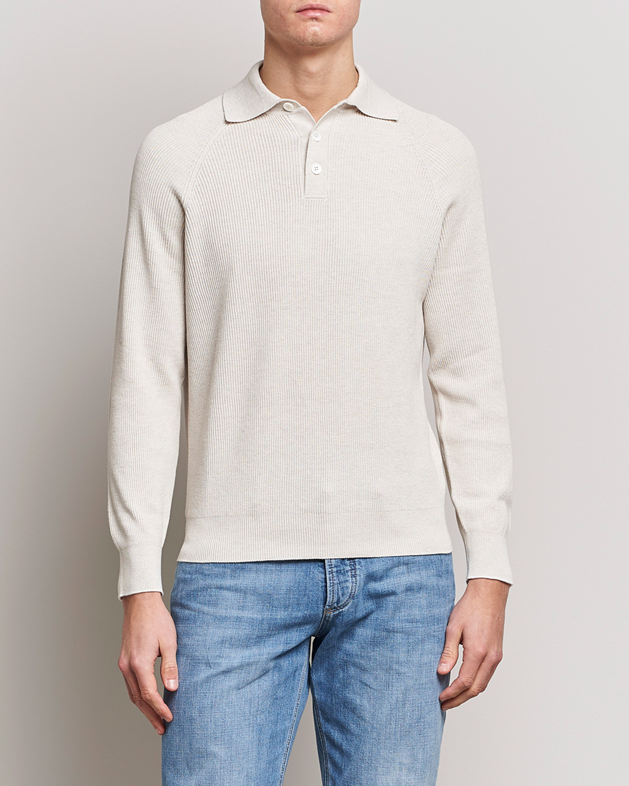 Hombres | Jerséis y prendas de punto | Brunello Cucinelli | Rib Stitch Knitted Polo Light Beige