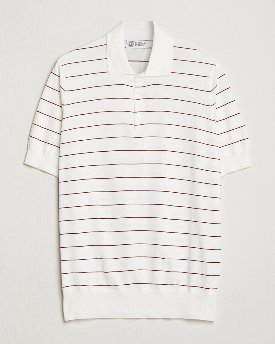 Hombres | Polos | Brunello Cucinelli | Short Sleeve Striped Knitted Polo White/Burgundy