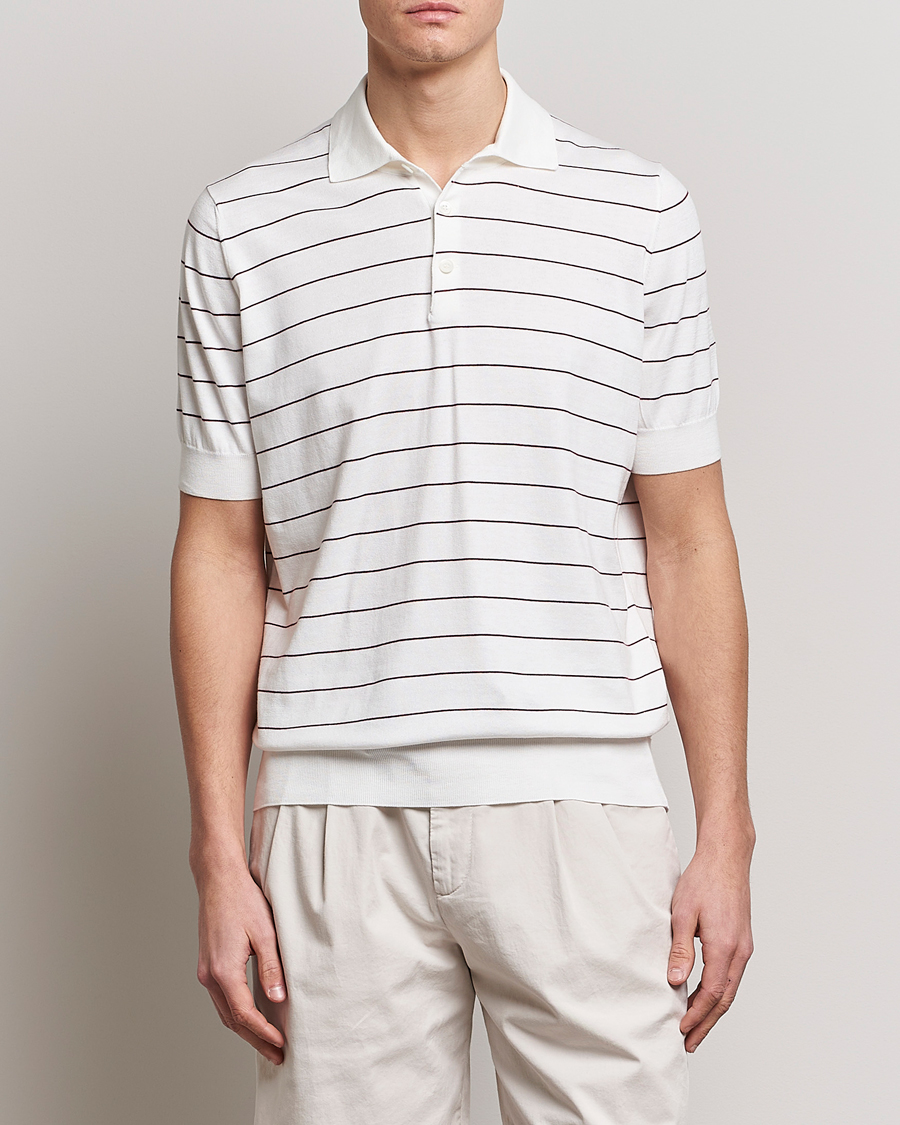 Hombres | Polos | Brunello Cucinelli | Short Sleeve Striped Knitted Polo White/Burgundy