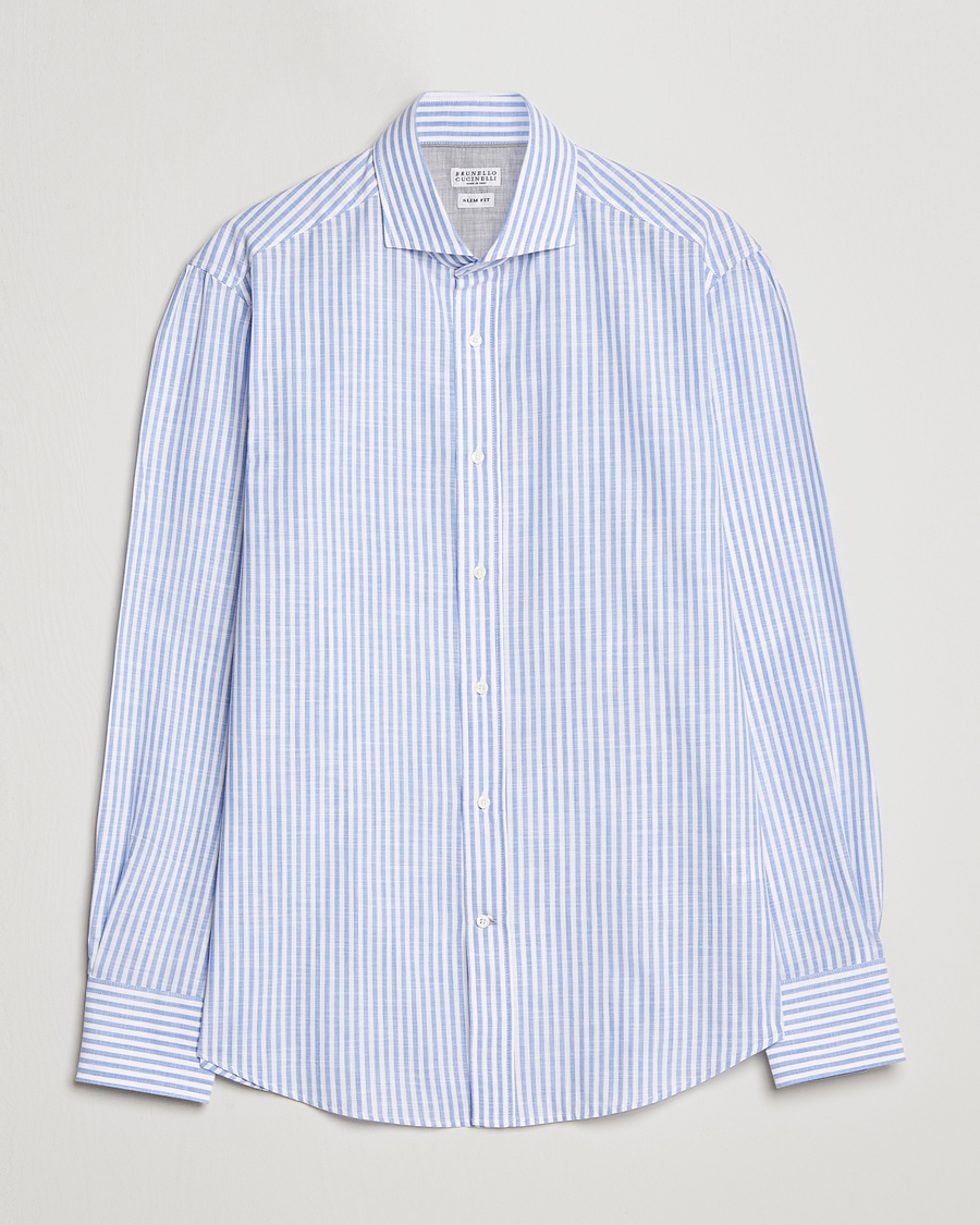 Hombres | Camisas | Brunello Cucinelli | Slim Fit Linen Striped Shirt Light Blue