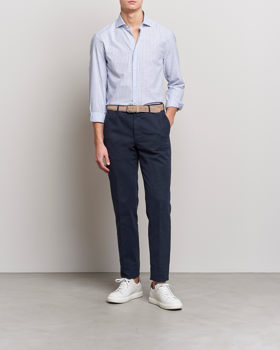 Hombres | Camisas | Brunello Cucinelli | Slim Fit Linen Striped Shirt Light Blue
