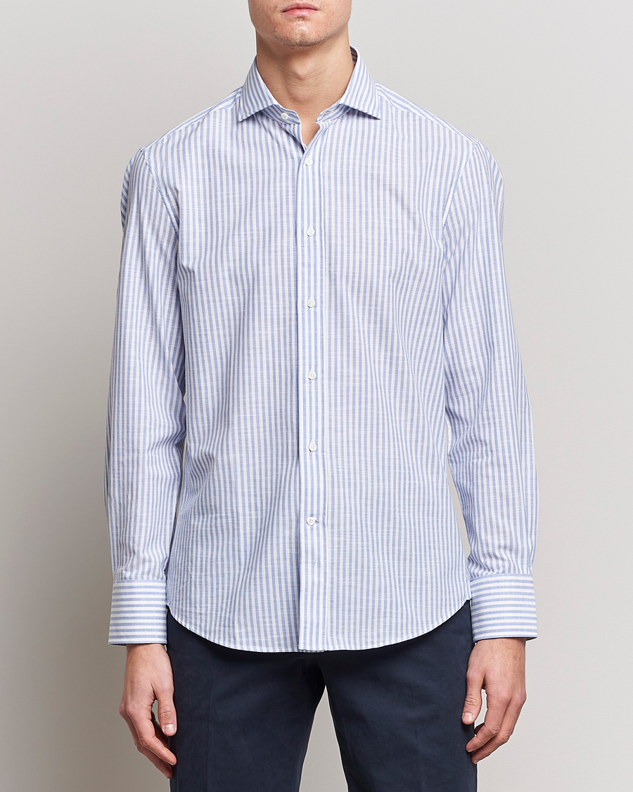 Hombres | Camisas | Brunello Cucinelli | Slim Fit Linen Striped Shirt Light Blue